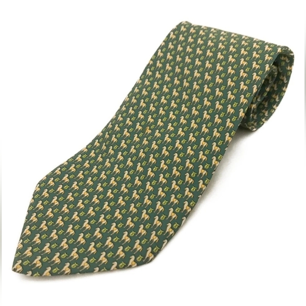 Salvatore Ferragamo Green Horse Patterned Silk Tie